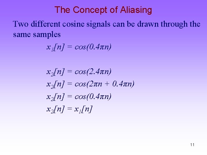 The Concept of Aliasing Two different cosine signals can be drawn through the samples