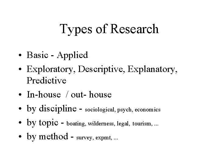 Types of Research • Basic - Applied • Exploratory, Descriptive, Explanatory, Predictive • In-house Types of Research • Basic - Applied • Exploratory, Descriptive, Explanatory, Predictive • In-house