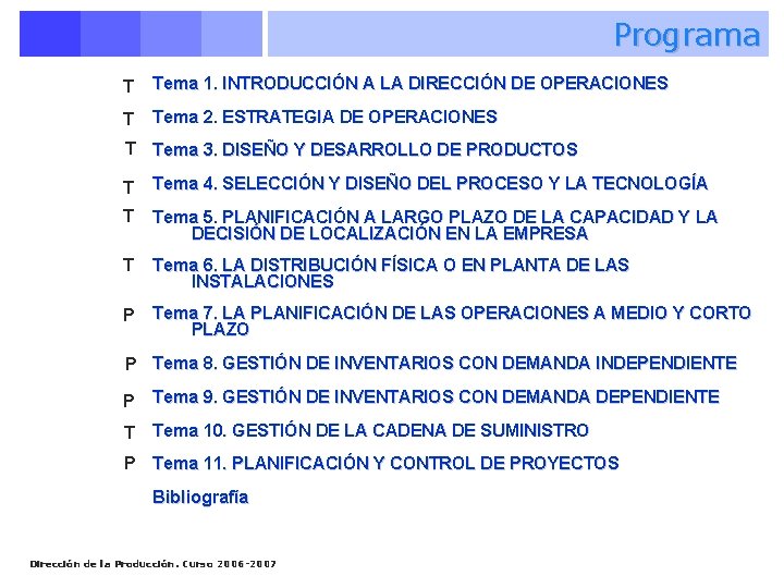 Programa T Tema 1. INTRODUCCIÓN A LA DIRECCIÓN DE OPERACIONES T Tema 2. ESTRATEGIA