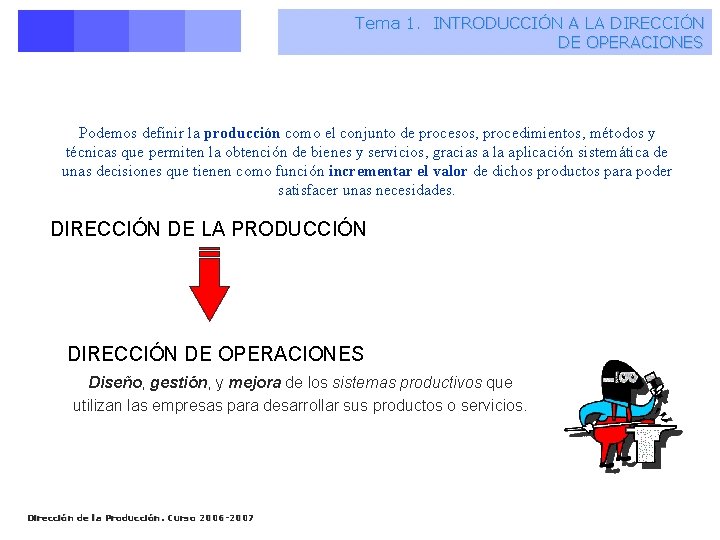 Tema 1. INTRODUCCIÓN A LA DIRECCIÓN DE OPERACIONES Podemos definir la producción como el