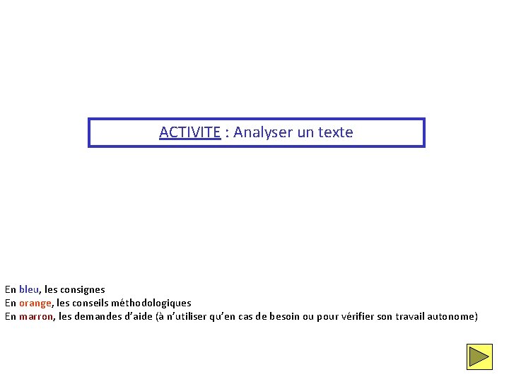 ACTIVITE : Analyser un texte En bleu, les consignes En orange, les conseils méthodologiques