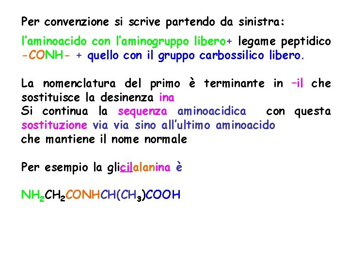 Per convenzione si scrive partendo da sinistra: l’aminoacido con l’aminogruppo libero+ legame peptidico -CONH-