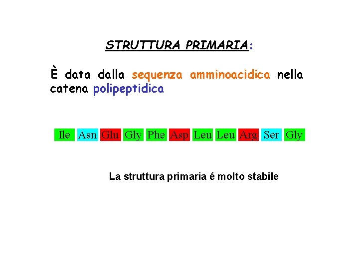 STRUTTURA PRIMARIA: È data dalla sequenza amminoacidica nella catena polipeptidica La struttura primaria é