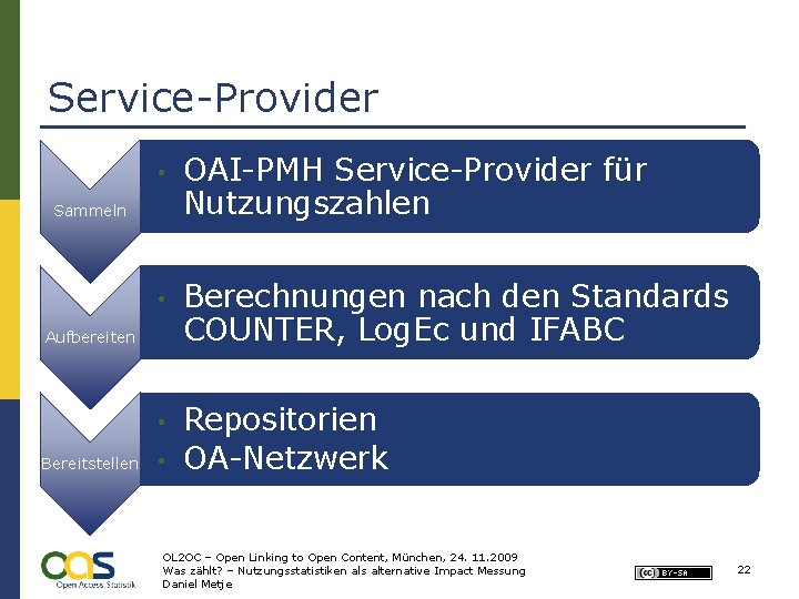 Service-Provider • OAI-PMH Service-Provider für Nutzungszahlen • Berechnungen nach den Standards COUNTER, Log. Ec