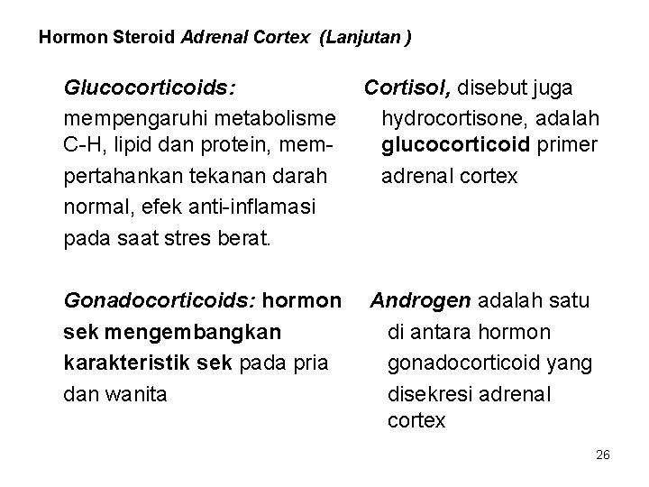 Hormon Steroid Adrenal Cortex (Lanjutan ) Glucocorticoids: mempengaruhi metabolisme C-H, lipid dan protein, mempertahankan