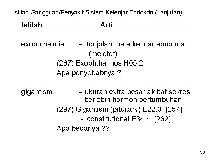 Istilah Gangguan/Penyakit Sistem Kelenjar Endokrin (Lanjutan) Istilah Arti exophthalmia = tonjolan mata ke luar