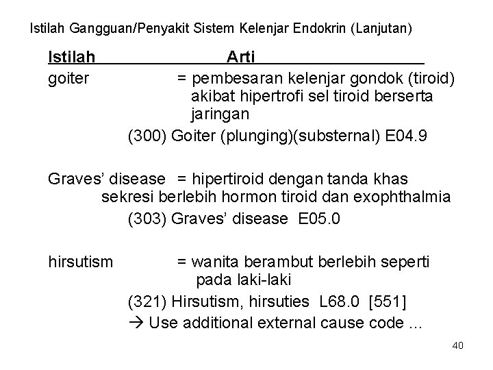 Istilah Gangguan/Penyakit Sistem Kelenjar Endokrin (Lanjutan) Istilah goiter Arti = pembesaran kelenjar gondok (tiroid)