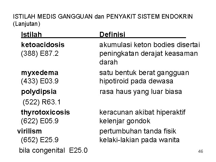 ISTILAH MEDIS GANGGUAN dan PENYAKIT SISTEM ENDOKRIN (Lanjutan) Istilah ketoacidosis (388) E 87. 2