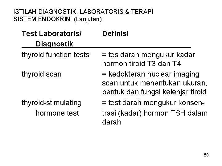 ISTILAH DIAGNOSTIK, LABORATORIS & TERAPI SISTEM ENDOKRIN (Lanjutan) Test Laboratoris/ Diagnostik thyroid function tests