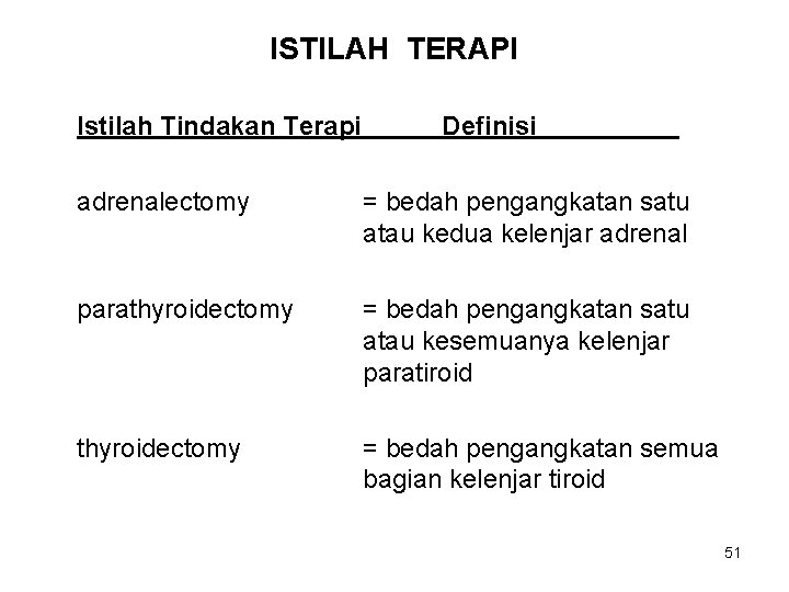 ISTILAH TERAPI Istilah Tindakan Terapi Definisi adrenalectomy = bedah pengangkatan satu atau kedua kelenjar