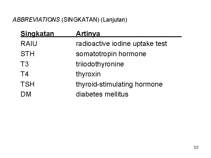 ABBREVIATIONS (SINGKATAN) (Lanjutan) Singkatan RAIU STH T 3 T 4 TSH DM Artinya radioactive