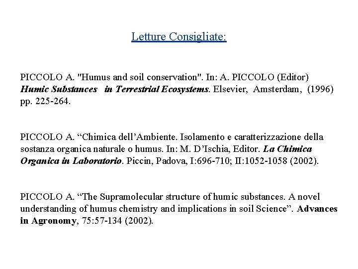 Letture Consigliate: PICCOLO A. "Humus and soil conservation". In: A. PICCOLO (Editor) Humic Substances