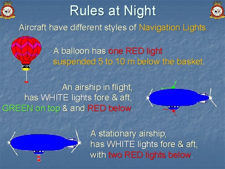 Rules at Night Aircraft have different styles of Navigation Lights. A balloon has one