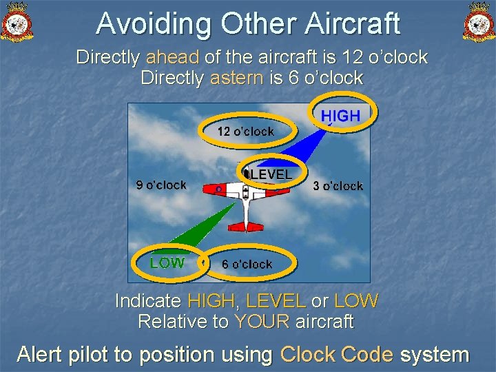 Avoiding Other Aircraft Directly ahead of the aircraft is 12 o’clock Directly astern is