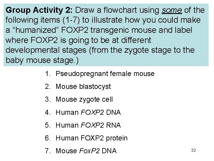 Group Activity 2: Draw a flowchart using some of the following items (1 -7)