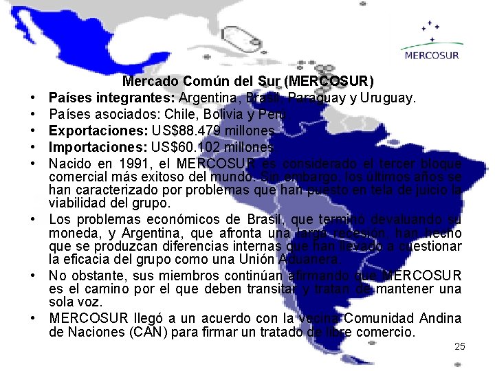  • • Mercado Común del Sur (MERCOSUR) Países integrantes: Argentina, Brasil, Paraguay y