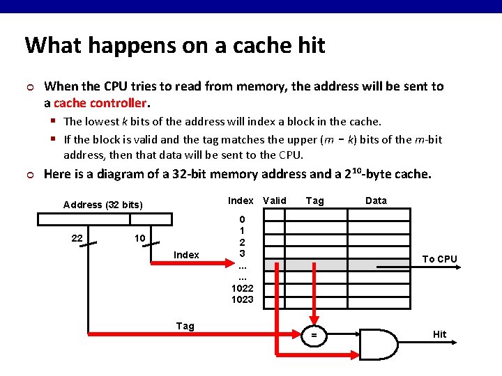 What happens on a cache hit ¢ When the CPU tries to read from