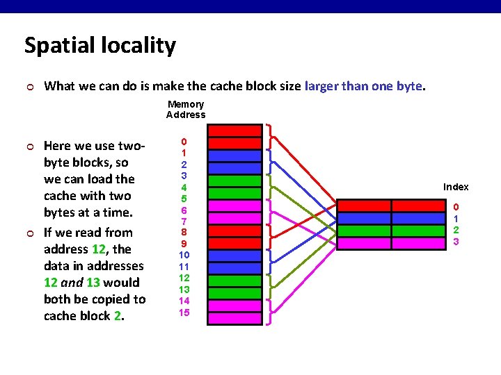 Spatial locality ¢ What we can do is make the cache block size larger