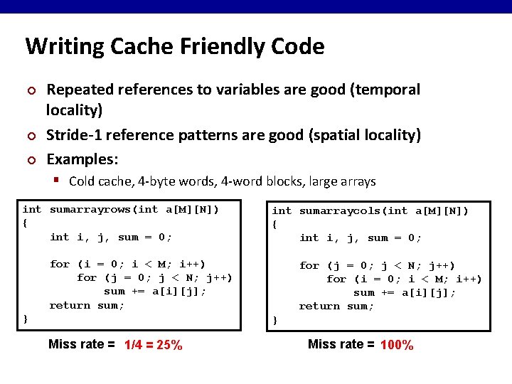 Writing Cache Friendly Code ¢ ¢ ¢ Repeated references to variables are good (temporal