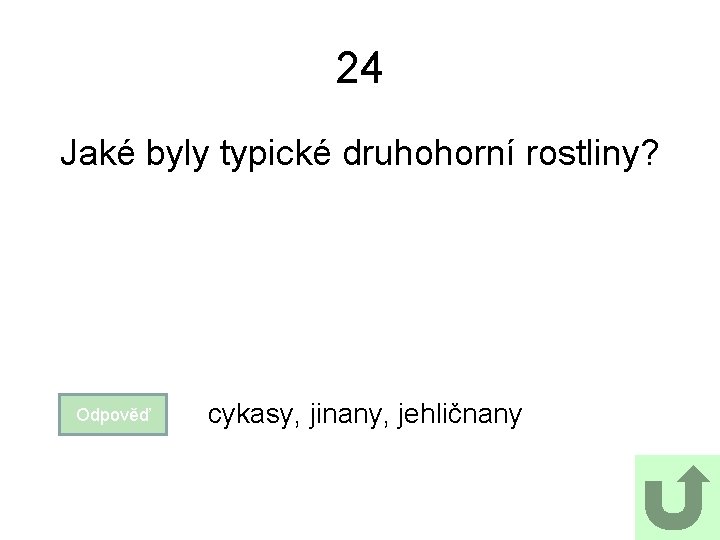 24 Jaké byly typické druhohorní rostliny? Odpověď cykasy, jinany, jehličnany 