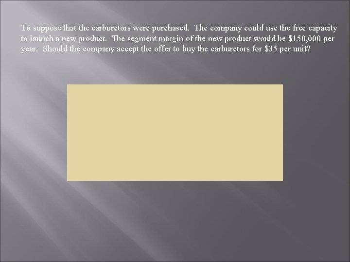 To suppose that the carburetors were purchased. The company could use the free capacity To suppose that the carburetors were purchased. The company could use the free capacity