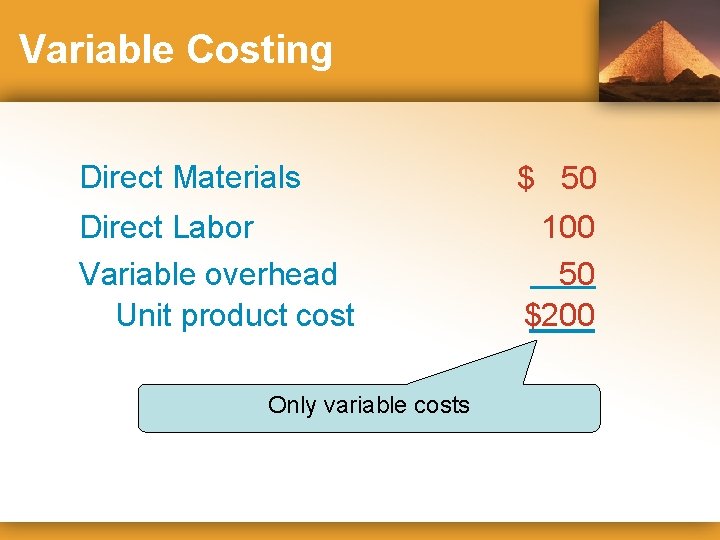 Variable Costing Direct Materials $ 50 Direct Labor Variable overhead Unit product cost 100