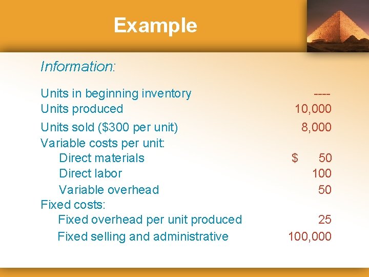 Example Information: Units in beginning inventory Units produced Units sold ($300 per unit) Variable