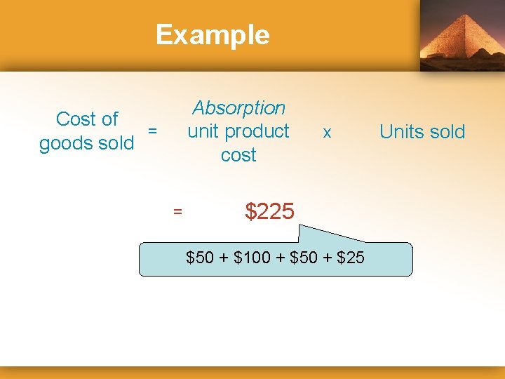 Example Absorption unit product cost Cost of = goods sold = x $225 $50
