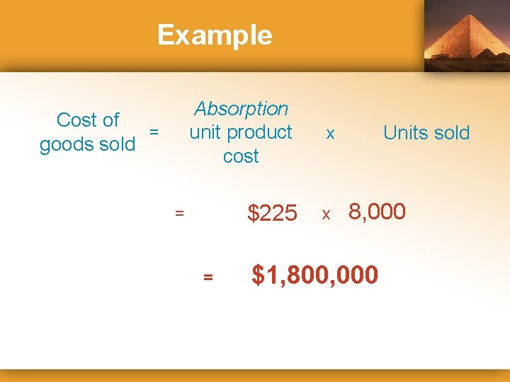 Example Cost of = goods sold Absorption unit product cost x $225 x =