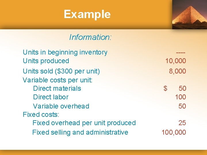 Example Information: Units in beginning inventory Units produced Units sold ($300 per unit) Variable