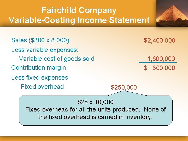 Fairchild Company Variable-Costing Income Statement Sales ($300 x 8, 000) $2, 400, 000 Less