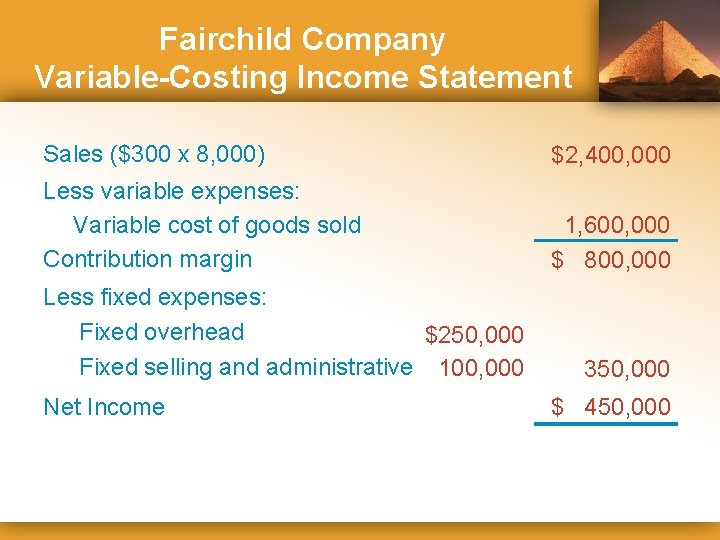 Fairchild Company Variable-Costing Income Statement Sales ($300 x 8, 000) $2, 400, 000 Less