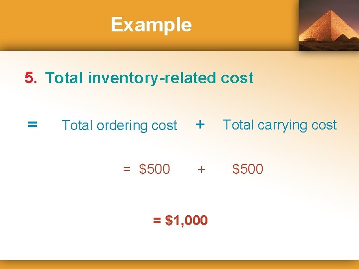 Example 5. Total inventory-related cost = Total ordering cost = $500 + + =