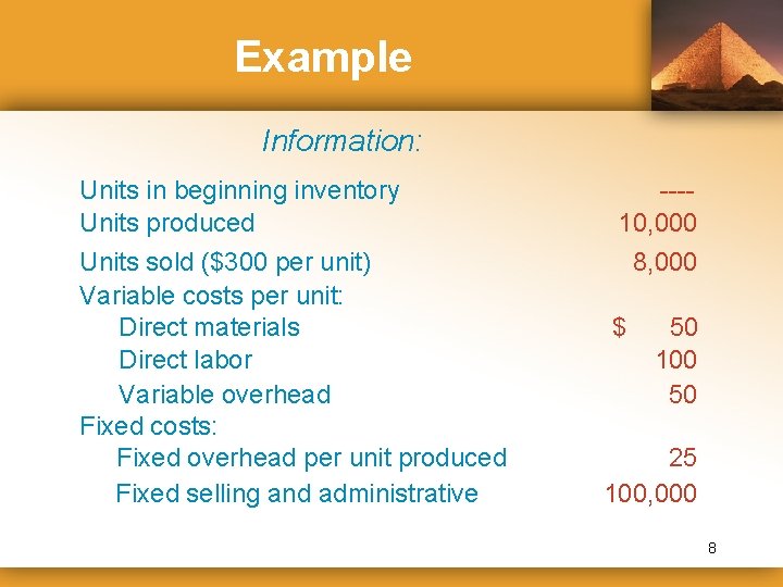 Example Information: Units in beginning inventory Units produced Units sold ($300 per unit) Variable