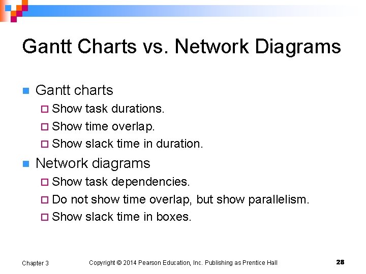 Gantt Charts vs. Network Diagrams n Gantt charts ¨ Show task durations. ¨ Show