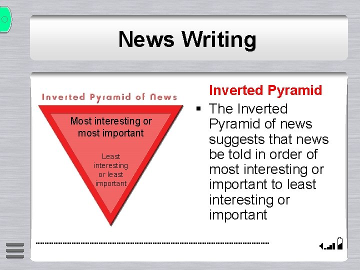 News Writing Most interesting or most important Least interesting or least important Inverted Pyramid