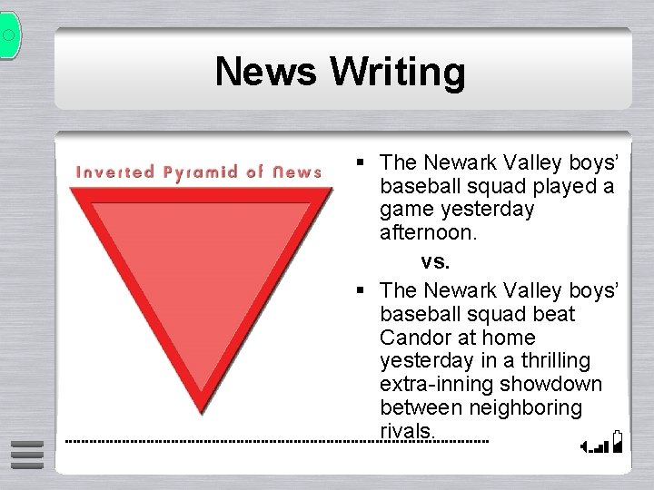 News Writing § The Newark Valley boys’ baseball squad played a game yesterday afternoon.