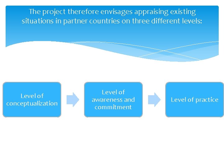 The project therefore envisages appraising existing situations in partner countries on three different levels:
