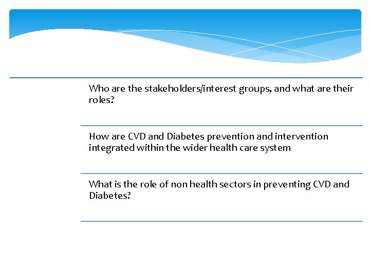 Who are the stakeholders/interest groups, and what are their roles? How are CVD and