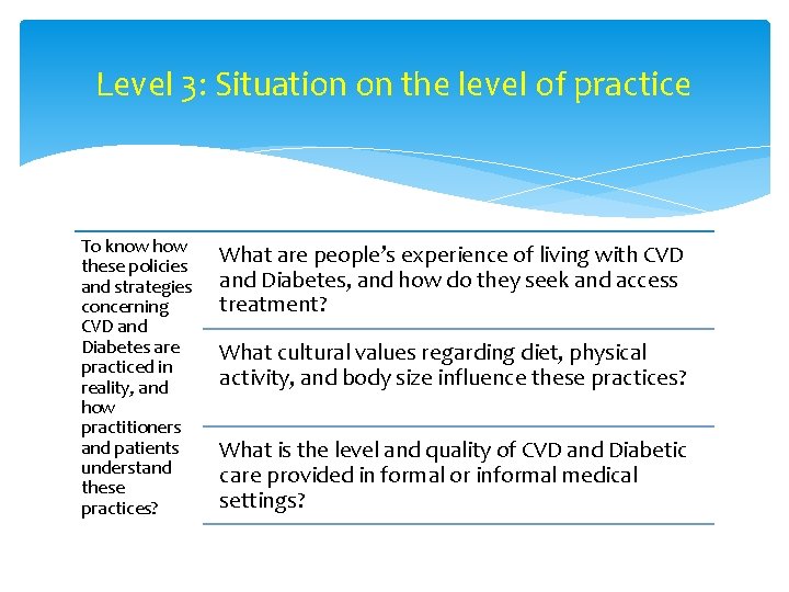 Level 3: Situation on the level of practice To know how these policies and