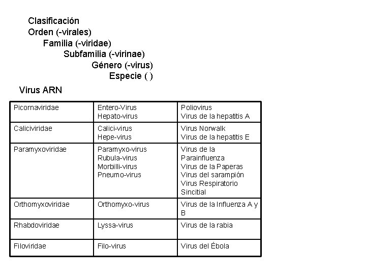 Clasificación Orden (-virales) Familia (-viridae) Subfamilia (-virinae) Género (-virus) Especie ( ) Virus ARN