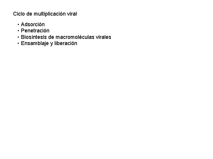 Ciclo de multiplicación viral • Adsorción • Penetración • Biosíntesis de macromoléculas virales •