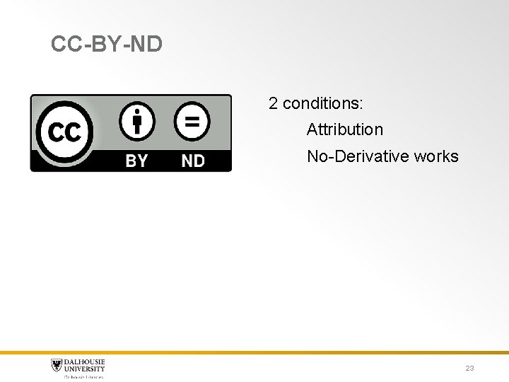 CC-BY-ND 2 conditions: Attribution No-Derivative works 23 CC-BY-ND 2 conditions: Attribution No-Derivative works 23