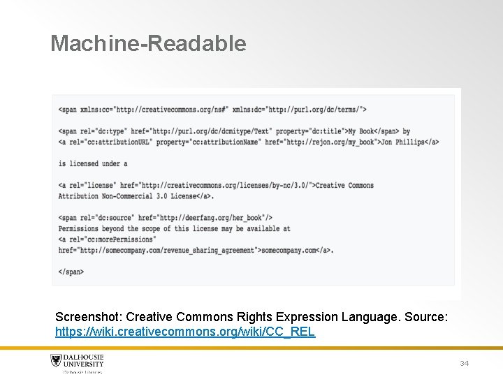 Machine-Readable Screenshot: Creative Commons Rights Expression Language. Source: https: //wiki. creativecommons. org/wiki/CC_REL 34 Machine-Readable Screenshot: Creative Commons Rights Expression Language. Source: https: //wiki. creativecommons. org/wiki/CC_REL 34