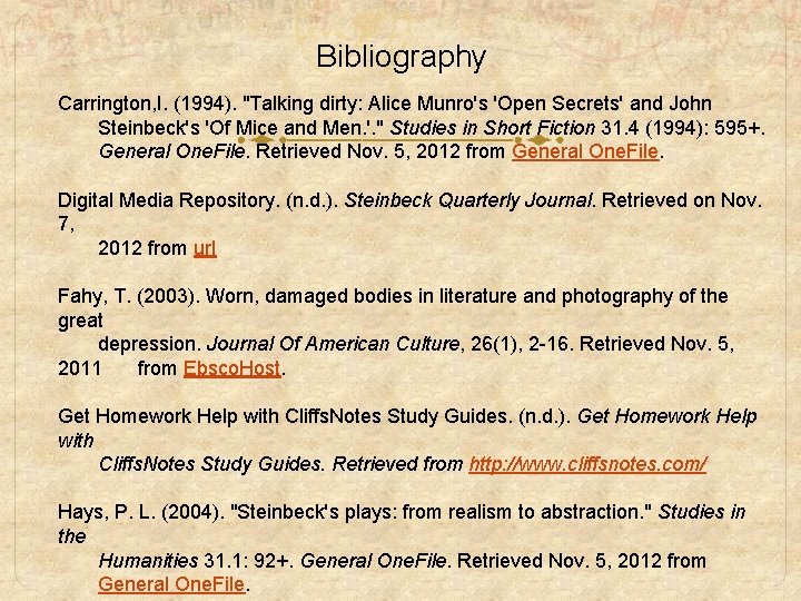 Bibliography Carrington, I. (1994). "Talking dirty: Alice Munro's 'Open Secrets' and John Steinbeck's 'Of Bibliography Carrington, I. (1994). "Talking dirty: Alice Munro's 'Open Secrets' and John Steinbeck's 'Of