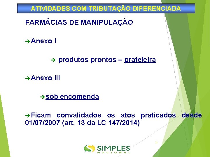 ATIVIDADES COM TRIBUTAÇÃO DIFERENCIADA FARMÁCIAS DE MANIPULAÇÃO Anexo I Anexo produtos prontos – prateleira