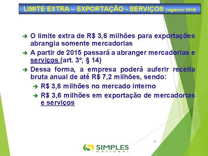 LIMITE EXTRA – EXPORTAÇÃO - SERVIÇOS (vigência: 2015) O limite extra de R$ 3,