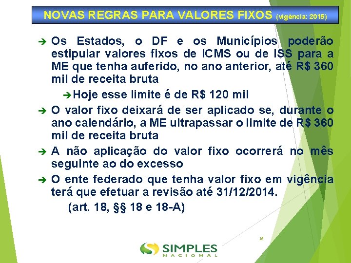 NOVAS REGRAS PARA VALORES FIXOS (vigência: 2015) Os Estados, o DF e os Municípios