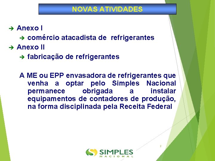 NOVAS ATIVIDADES Anexo I comércio atacadista de refrigerantes Anexo II fabricação de refrigerantes A