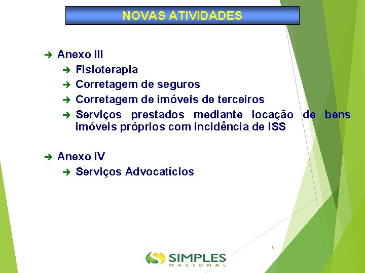 NOVAS ATIVIDADES Anexo III Fisioterapia Corretagem de seguros Corretagem de imóveis de terceiros Serviços